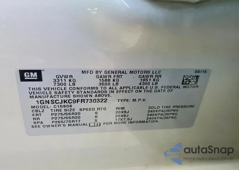 2015 Chevrolet Suburban C1500 Lt z USA, uszkodzony, nr VIN 1GNSCJKC9FR730322